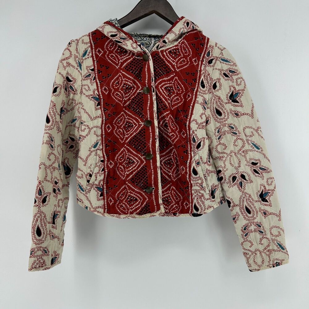 Free People Quilted Jacket Women's XS Paisley Red Cream Patterned Cropped Jacket